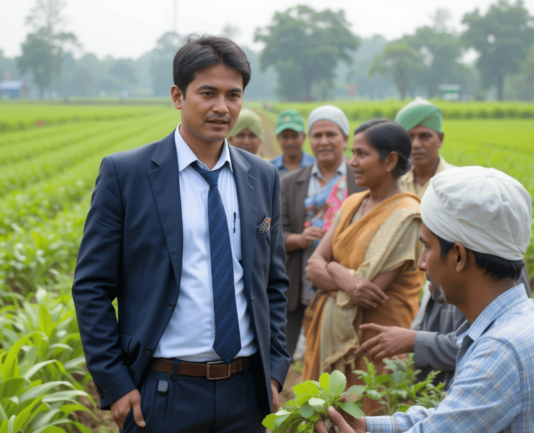 महाराष्ट्रातील कृषी अधिकारी शेतकऱ्यांशी सल्ला देत आहे, जमिनीवर उभे असताना