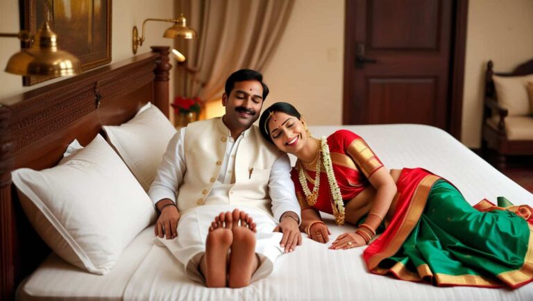 महाराष्ट्रीय स्त्री नऊवारी साडीमध्ये दक्षिण दिशेला पाय करून झोपण्यासाठी तयार होताना