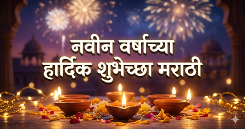 Navin Varshachya Hardik Shubhechha Marathi नवीन वर्षाच्या हार्दिक शुभेच्छा मराठी – दिवे, फटाके आणि उत्सवमय पार्श्वभूमीसह मराठी नवीन वर्ष शुभेच्छा
