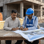 घर बांधकाम करारनामा करताना घरमालक आणि कंत्राटदार बांधकाम साइटवर करारावर स्वाक्षरी करताना