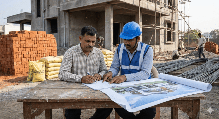 घर बांधकाम करारनामा करताना घरमालक आणि कंत्राटदार बांधकाम साइटवर करारावर स्वाक्षरी करताना