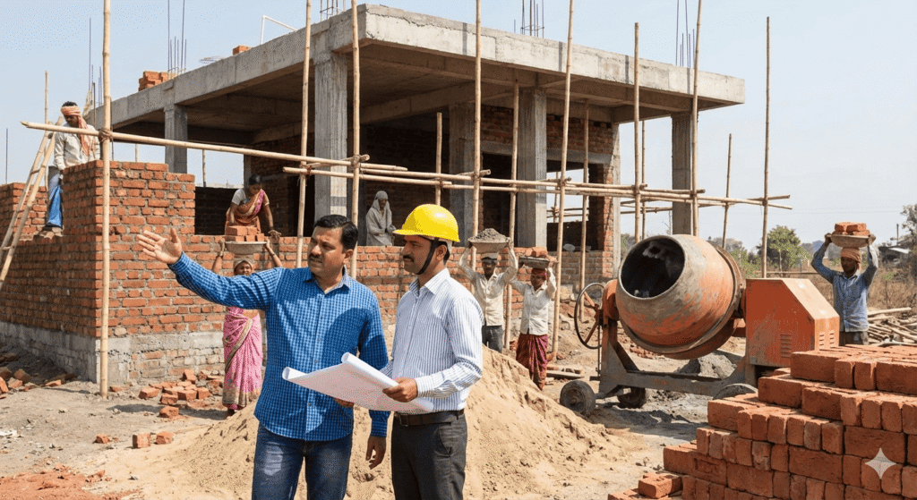 घर बांधकाम सुरू असलेल्या ठिकाणी घरमालक आणि कंत्राटदार बांधकाम कामाची पाहणी करताना