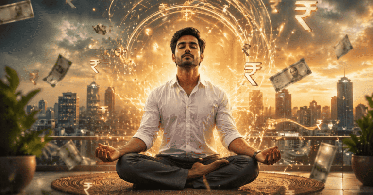 Money manifestation in Marathi concept showing a man meditating with positive energy and currency symbols around