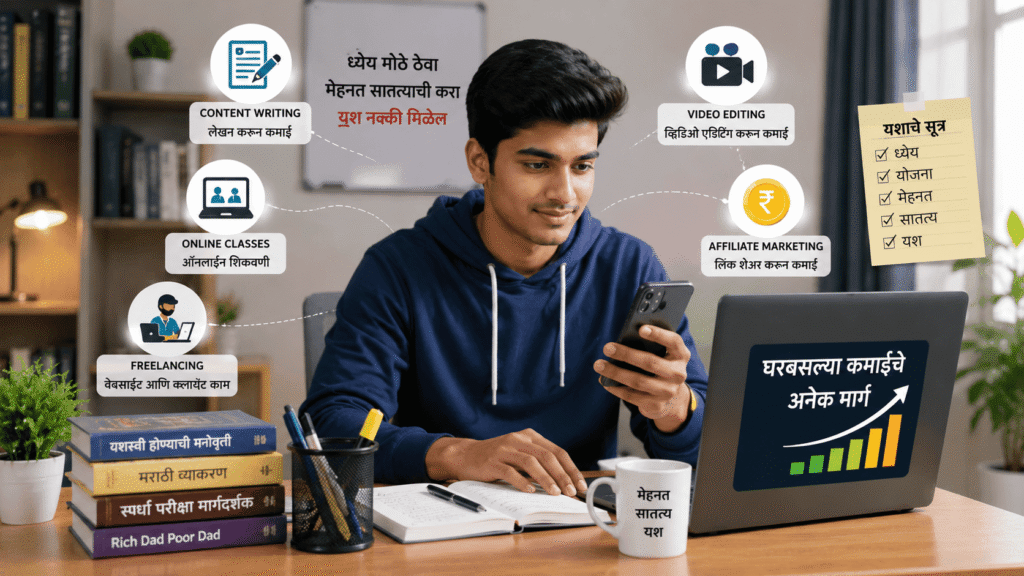 विद्यार्थ्यांसाठी घरबसल्या पैसे कमवण्याचे मार्ग – लॅपटॉप आणि मोबाईल वापरून ऑनलाइन काम करणारा विद्यार्थी