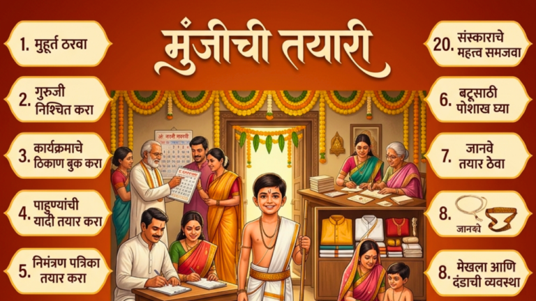 मुंजीची तयारी दर्शवणारे मराठी इन्फोग्राफिक पोस्टर, ज्यामध्ये मुहूर्त ठरवणे, गुरुजी निश्चित करणे, कार्यक्रमाचे ठिकाण बुक करणे, निमंत्रण पत्रिका तयार करणे, बटूसाठी पोशाख, जानवे, मेखला आणि मुंज संस्काराची तयारी करणारे कुटुंब दाखवले आहे.