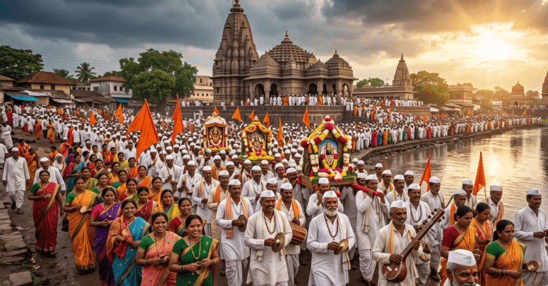 आषाढी एकादशी माहिती मराठी - पंढरपूरकडे जाणारी वारकऱ्यांची भव्य आषाढी एकादशी वारी आणि श्री विठ्ठल मंदिर