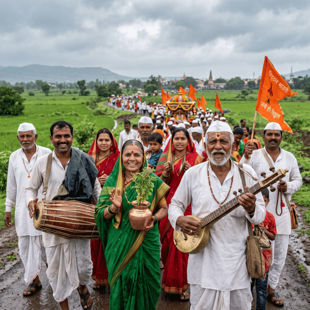 आषाढी एकादशी वारी माहिती मराठी - टाळ-मृदंग, भगवे ध्वज आणि तुळशी वृंदावनासह पंढरपूरकडे पायी चालणारे वारकरी