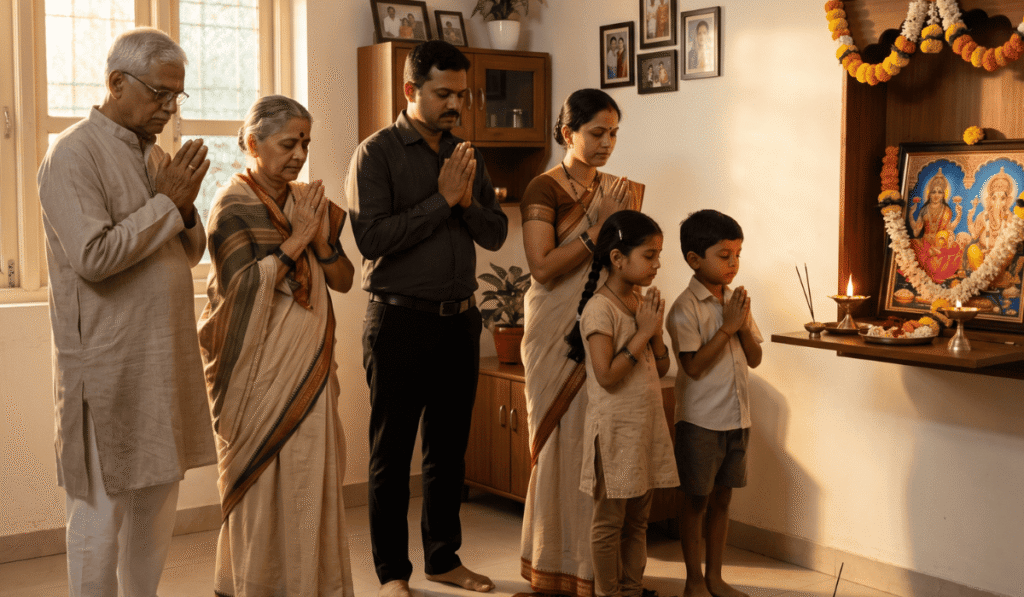 वेगवेगळ्या प्रार्थना – मराठी कुटुंब घरातील देवघरात सकाळची प्रार्थना करताना