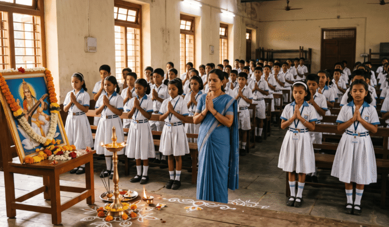 वेगवेगळ्या प्रार्थना – महाराष्ट्रातील शाळेत विद्यार्थी आणि शिक्षिका सकाळची मराठी प्रार्थना म्हणताना