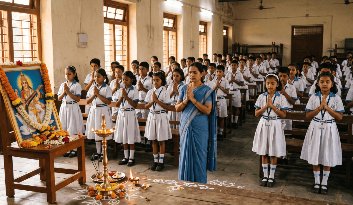 वेगवेगळ्या प्रार्थना – महाराष्ट्रातील शाळेत विद्यार्थी आणि शिक्षिका सकाळची मराठी प्रार्थना म्हणताना
