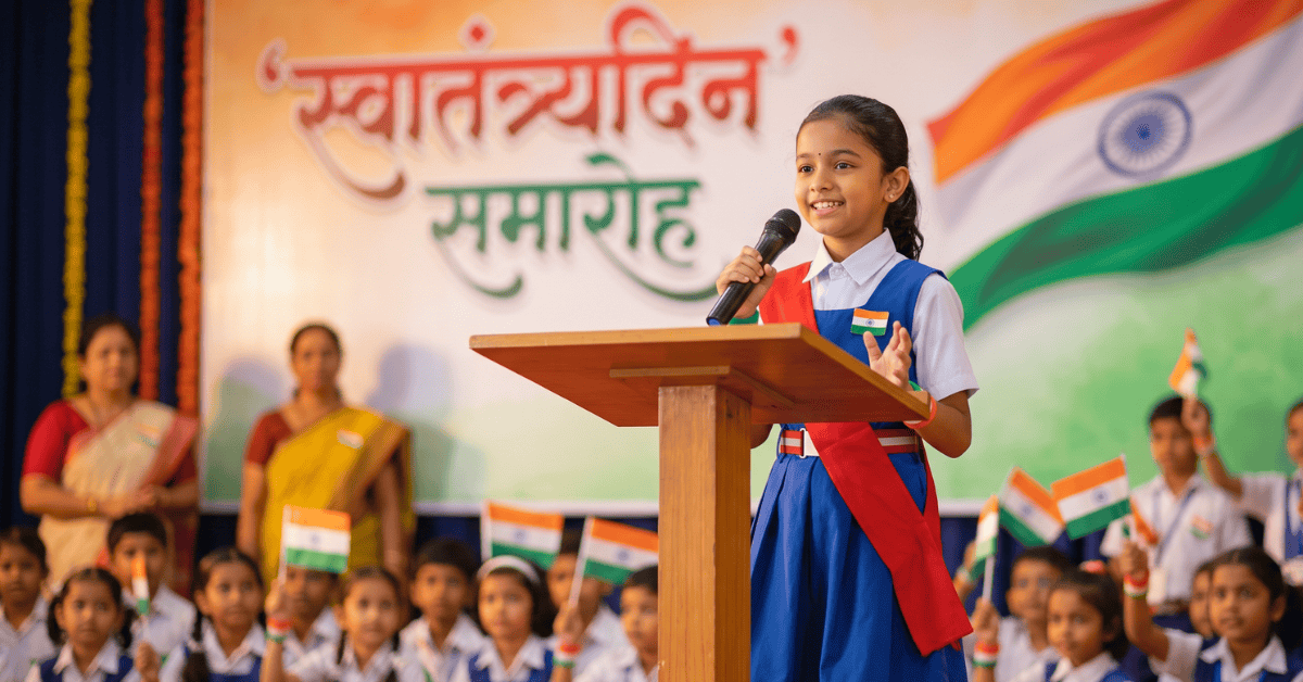 १५ ऑगस्ट स्वातंत्र्यदिन समारंभात व्यासपीठावर भाषण देणारी लहान शाळकरी मुलगी.
