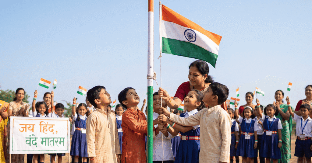 १५ ऑगस्ट स्वातंत्र्यदिनानिमित्त ध्वजारोहण करताना लहान शाळकरी मुले आणि शिक्षिका - लहान मुलांसाठी १५ ऑगस्ट मराठी भाषण.