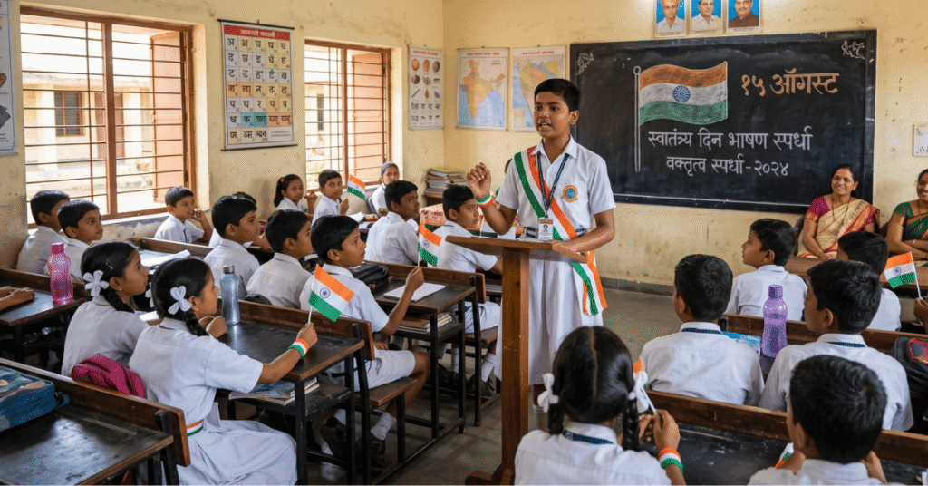 १५ ऑगस्ट स्वातंत्र्य दिन भाषण मराठी स्पर्धेत वर्गात भाषण करणारा विद्यार्थी