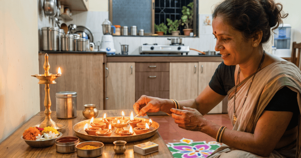 गटारी अमावस्या 2026 निमित्त महाराष्ट्रीयन महिलेने केलेली दिव्यांची पूजा