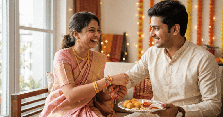 Happy Raksha Bandhan Marathi wishes - बहीण भावाच्या मनगटावर राखी बांधताना