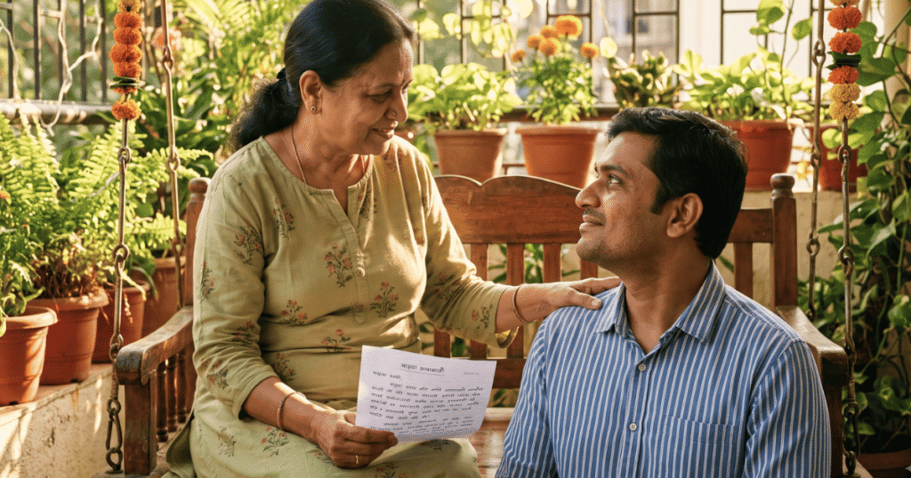 Happy Raksha Bandhan wishes quotes Marathi - ताई भावाला पत्र वाचून दाखवताना