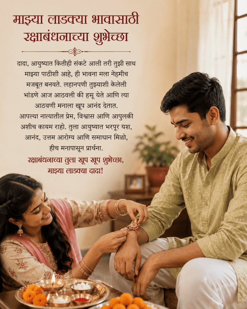 Marathi Raksha Bandhan wishes for brother with sister tying a rakhi during the festival
