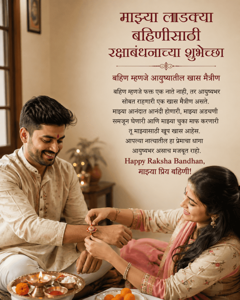 Happy Raksha Bandhan Wishes Marathi Sister image showing brother and sister celebrating Raksha Bandhan